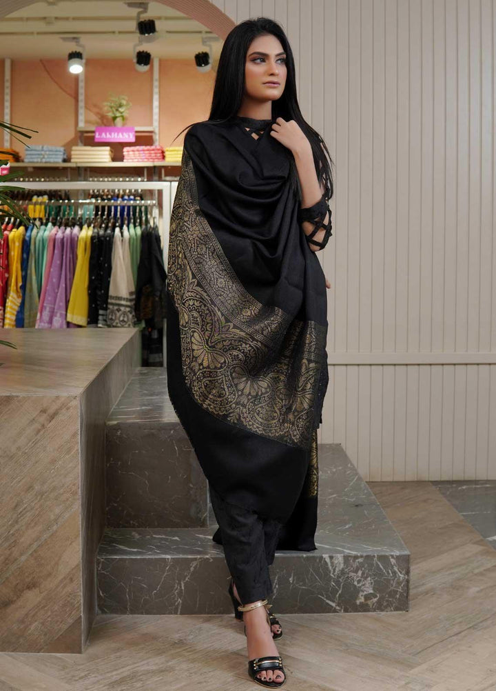 Sanaulla Exclusive Range  Pashmina  Shawls Zarri Palla C KPS-54 Black01 - Pashmina Shawls