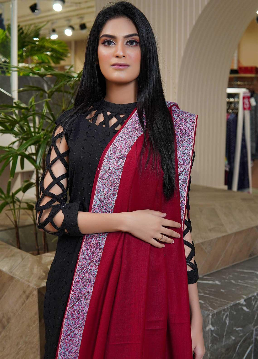 Sanaulla Exclusive Range  Pashmina  Shawls MAMA-20 Maroon - Pashmina Shawls