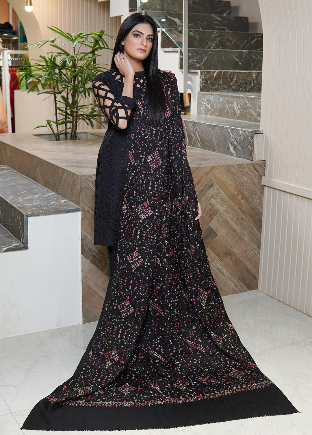 Sanaulla Exclusive Range  Pashmina  Shawls AKP-03 Black 02 - Pashmina Shawls