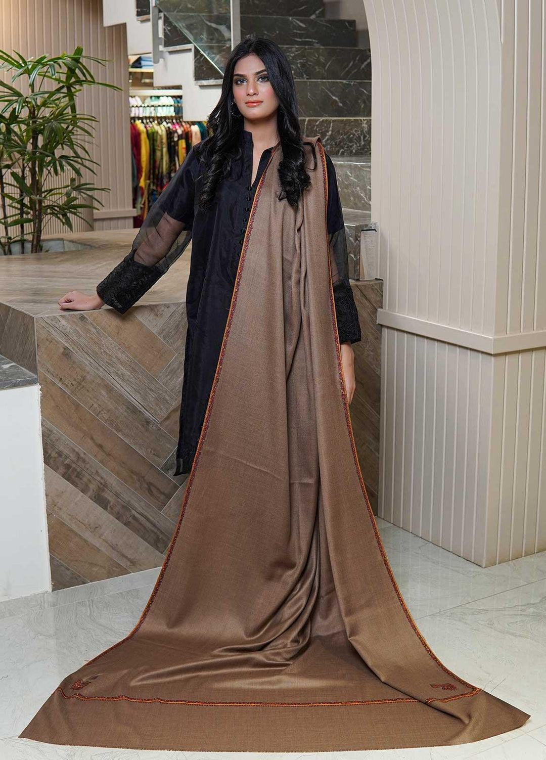 Sanaulla Exclusive Range  Pashmina  Shawls Kingri T DD KPS-21 Dark Brown02 - Pashmina Shawls