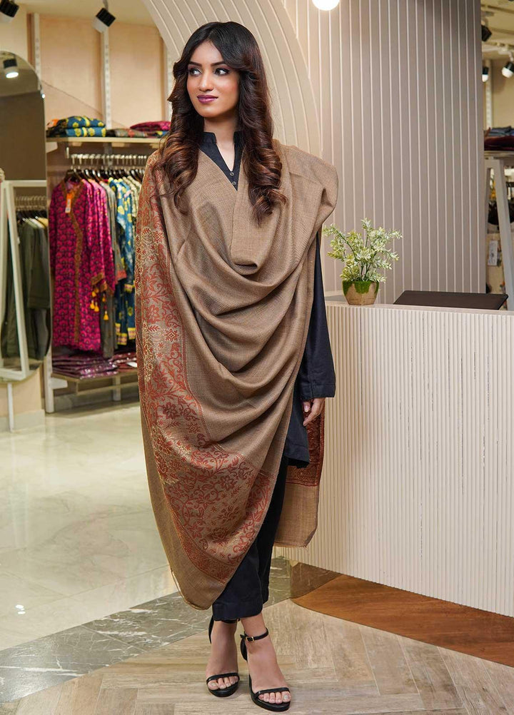 Sanaulla Exclusive Range  Pashmina  Shawls Zarri Palla C KPS-54 Brown03 - Pashmina Shawls