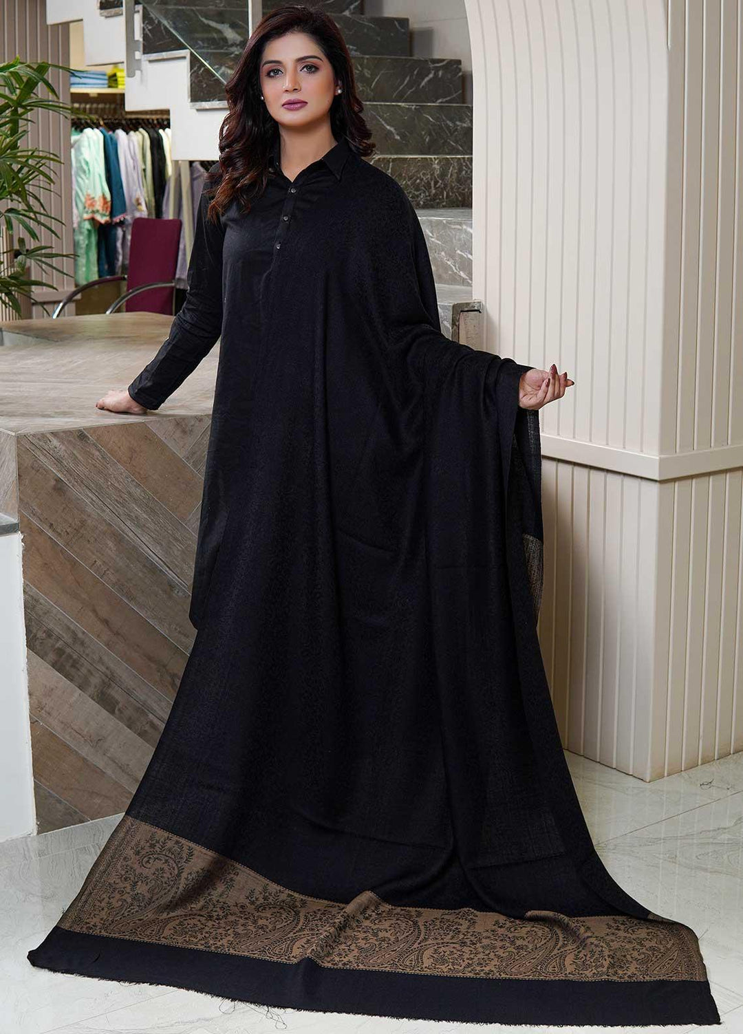 Sanaulla Exclusive Range  Pashmina  Shawls AKP-08 Black 01 - Pashmina Shawls