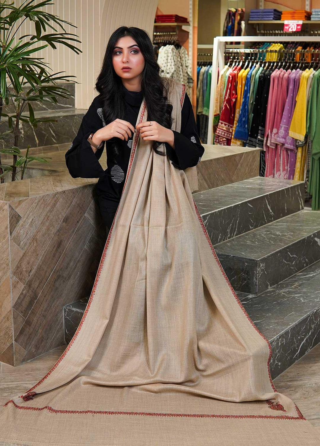 Sanaulla Exclusive Range  Pashmina  Shawls MAMA-24 Fawn-1 - Pashmina Shawls