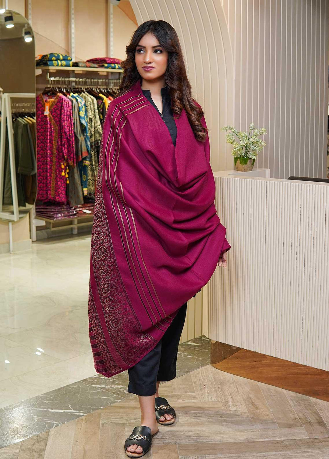 Sanaulla Exclusive Range  Pashmina  Shawls Moon Light Zarri Pasily Palla C KPS-55 Rust - Pashmina Shawls