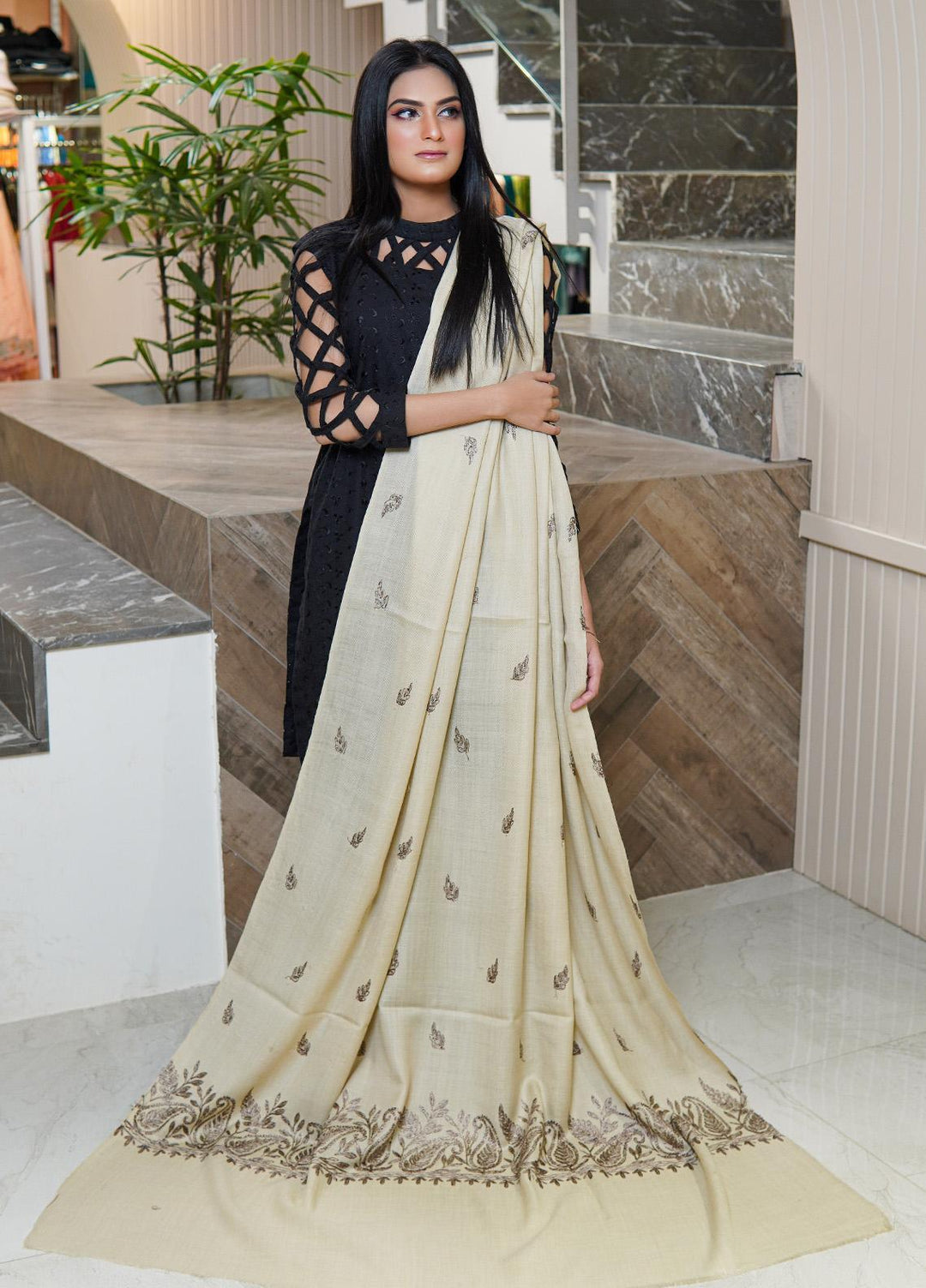 Sanaulla Exclusive Range  Pashmina  Shawls AKP-16 Fawn 02 - Pashmina Shawls