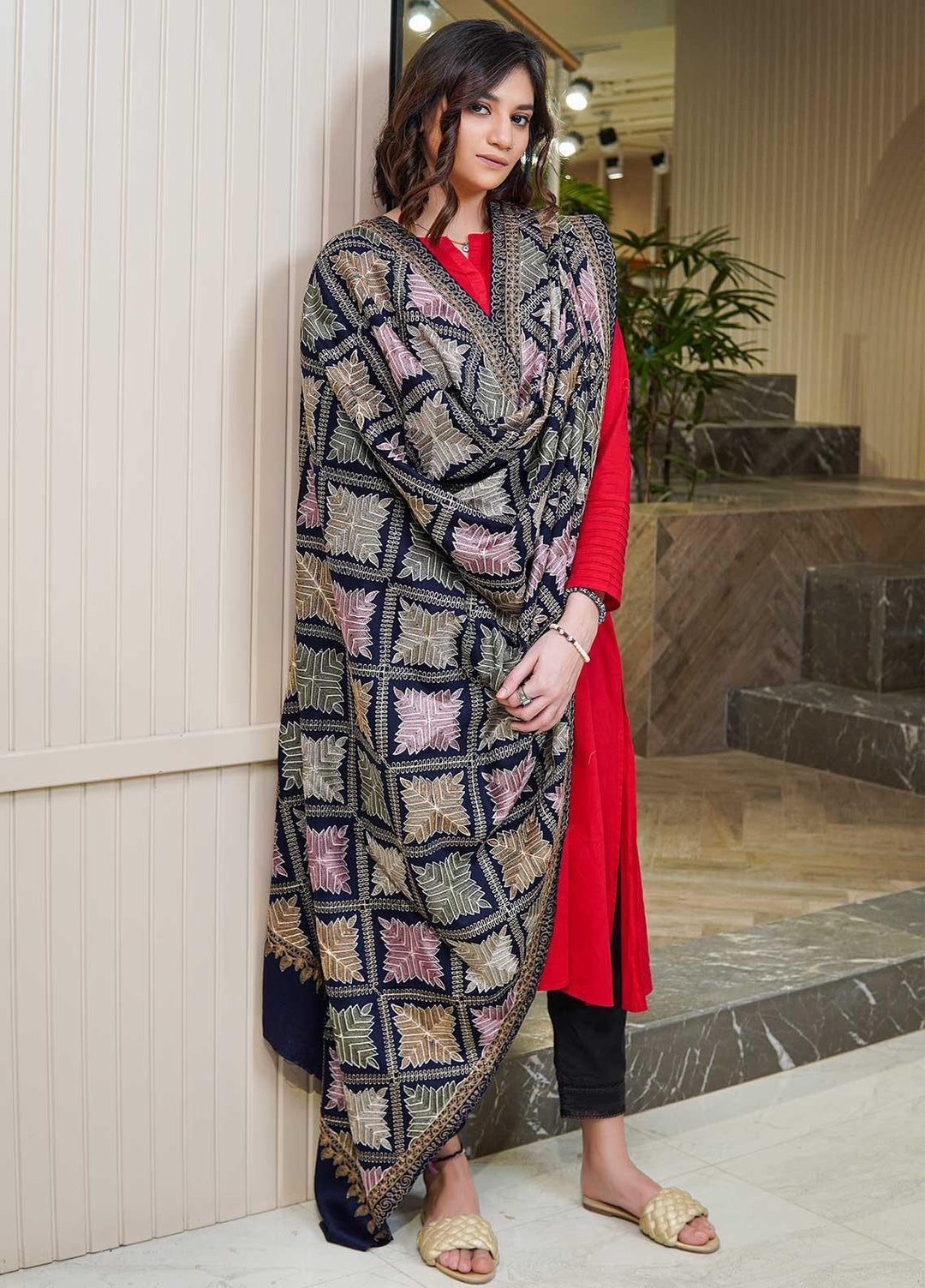 Sanaulla Exclusive Range  Pashmina  Shawls Zarri Nalki Pasily Jaal AD KPS-43 Blue03 - Pashmina Shawls