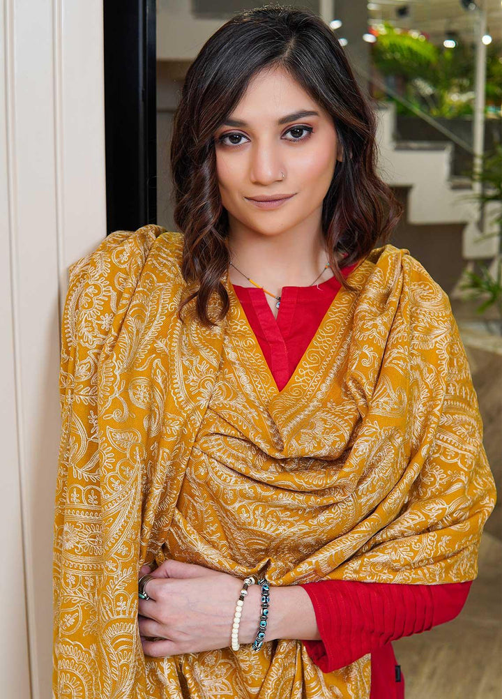 Sanaulla Exclusive Range  Pashmina  Shawls Zarri Nalki Pasily Jaal AD KPS-43 Yellow - Pashmina Shawls