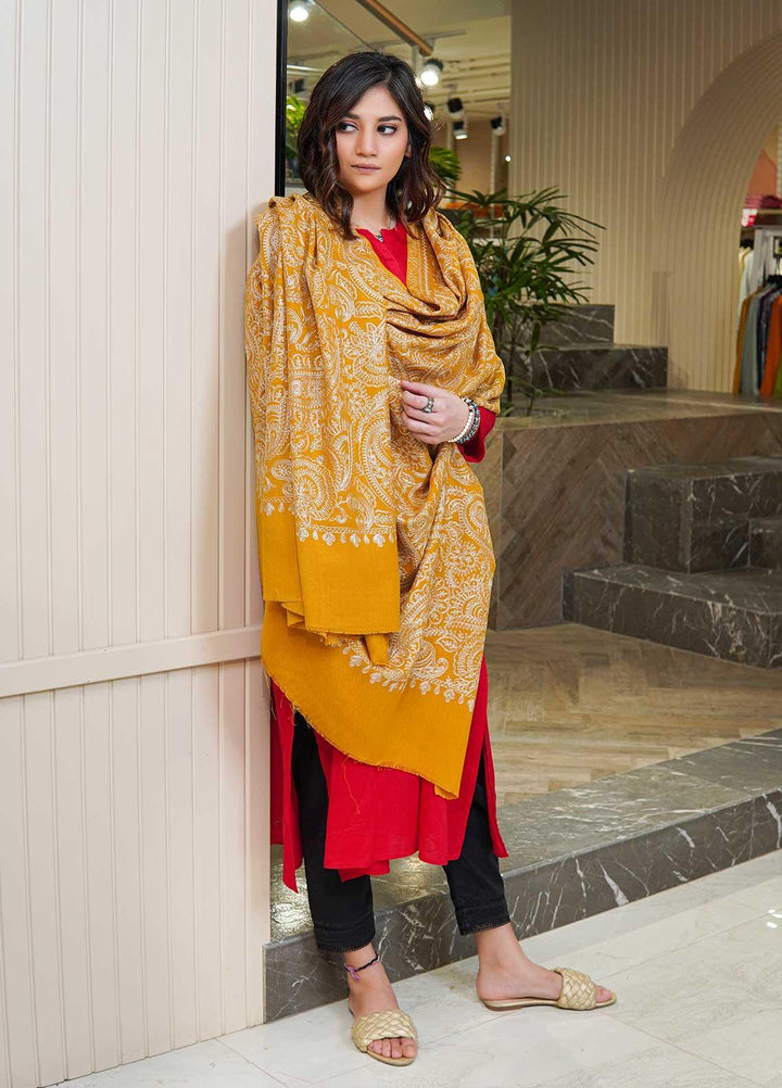 Sanaulla Exclusive Range  Pashmina  Shawls Zarri Nalki Pasily Jaal AD KPS-43 Yellow - Pashmina Shawls