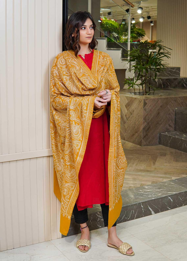 Sanaulla Exclusive Range  Pashmina  Shawls Zarri Nalki Pasily Jaal AD KPS-43 Yellow - Pashmina Shawls