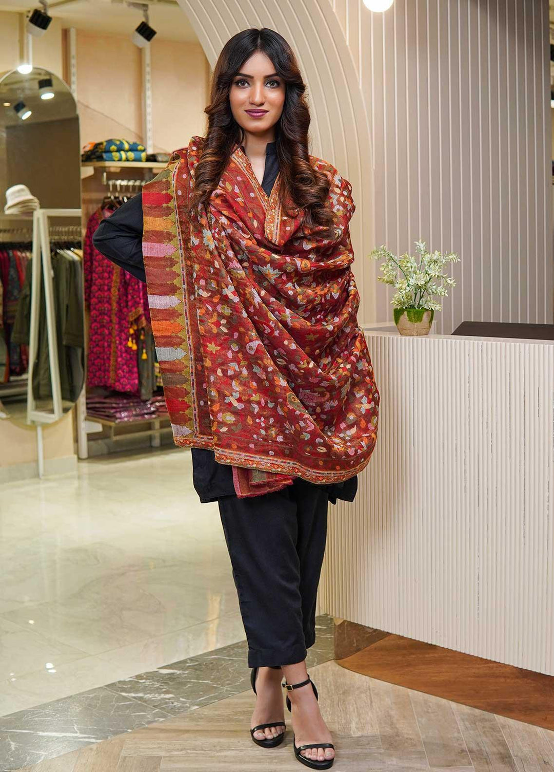 Sanaulla Exclusive Range  Pashmina  Shawls MAMA-02 Brown-1 - Pashmina Shawls