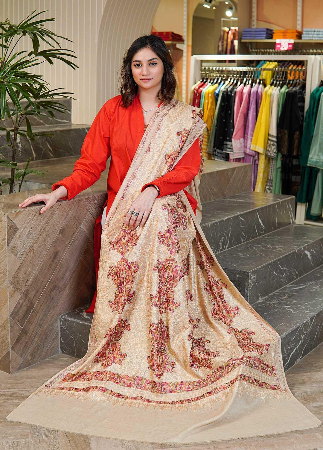 Sanaulla Exclusive Range  Pashmina  Shawls MAMA-22 Beige-5 - Pashmina Shawls