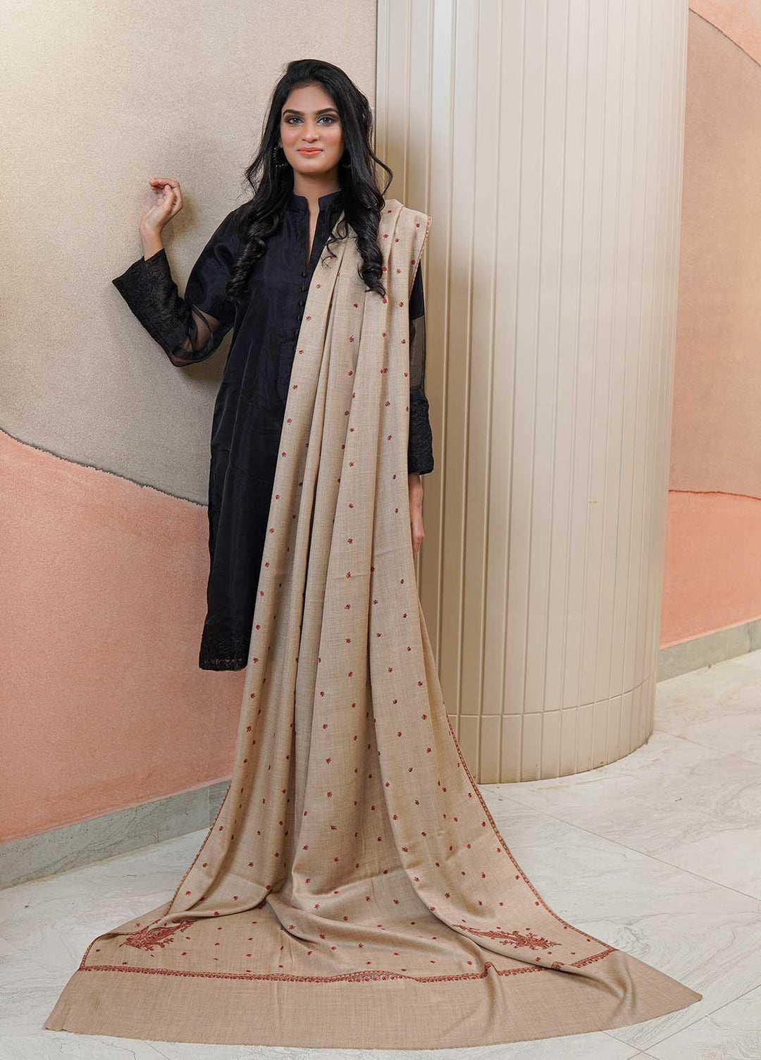 Sanaulla Exclusive Range  Pashmina  Shawls MAMA-29 Fawn-4 - Pashmina Shawls