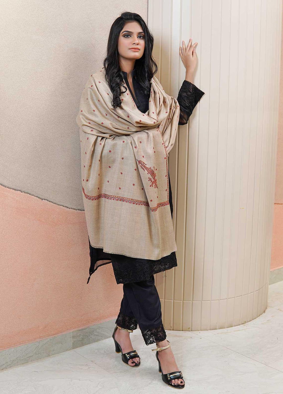 Sanaulla Exclusive Range  Pashmina  Shawls MAMA-29 Fawn-4 - Pashmina Shawls