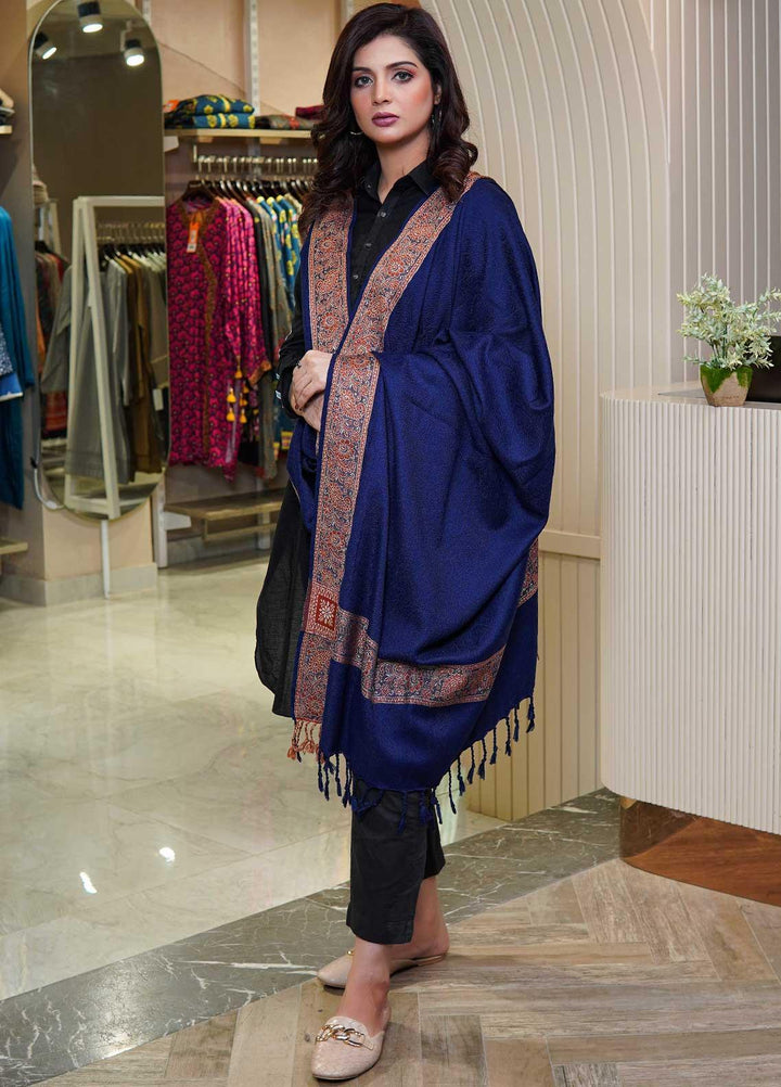 Sanaulla Exclusive Range  Pashmina  Shawls Self Patti Acrylic KPS-06 Blue - Pashmina Shawls