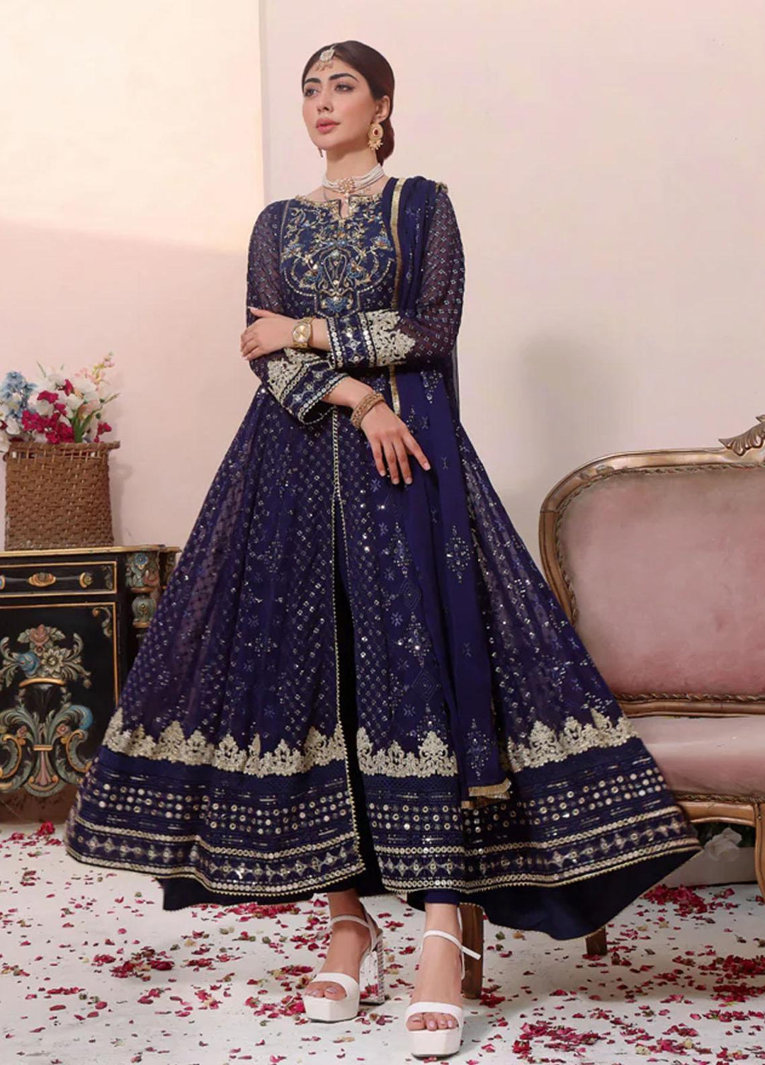 Al Harir Apparel Pret Embroidered Chiffon 3 Piece Suit Navy Blue