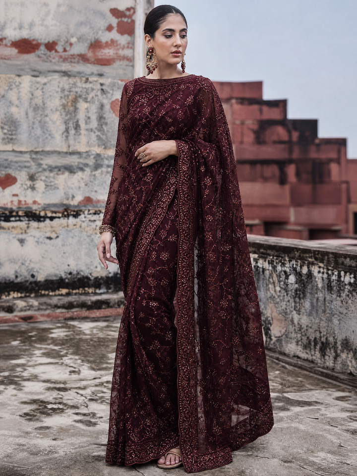 Zarif Women Unstitched Embroidered Net 3 Piece Suit ZR26UFC ZLR 06 CARMINE - Festive Collection