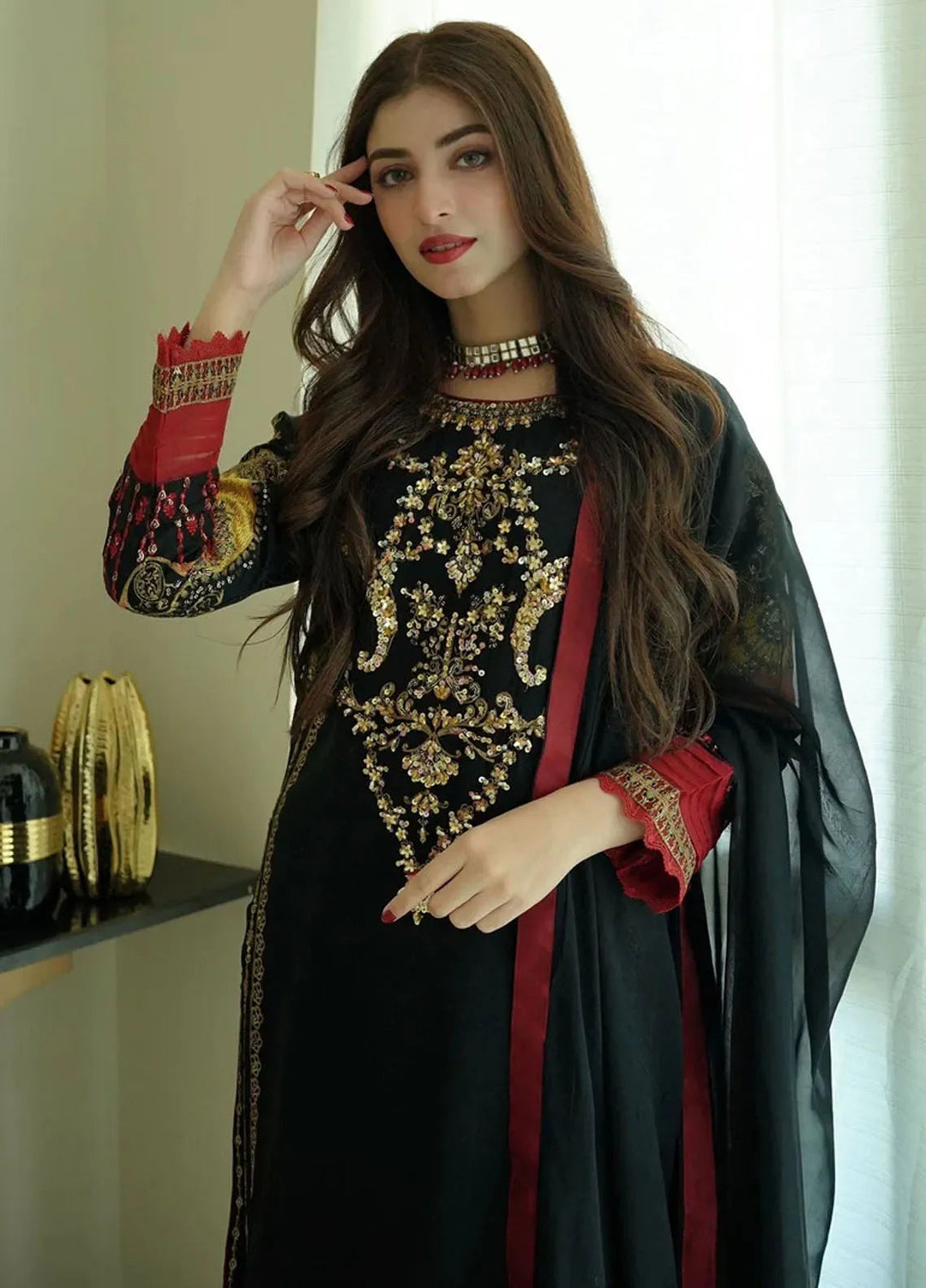 Sara Jahan Pret Embroidered Chiffon 3 Piece Suit Black Diamond
