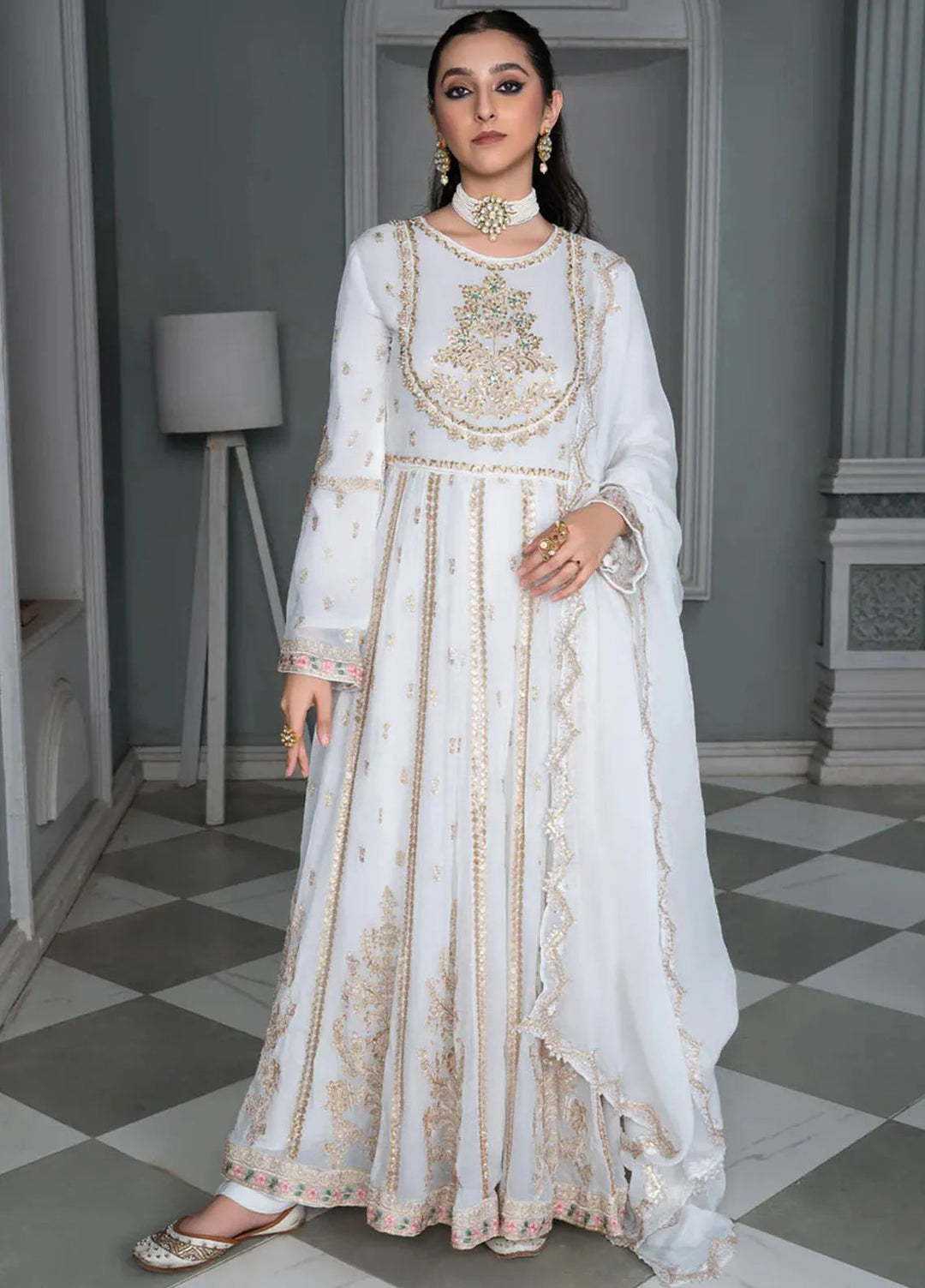Sara Jahan Pret Embroidered Chiffon 3 Piece Suit White Gold