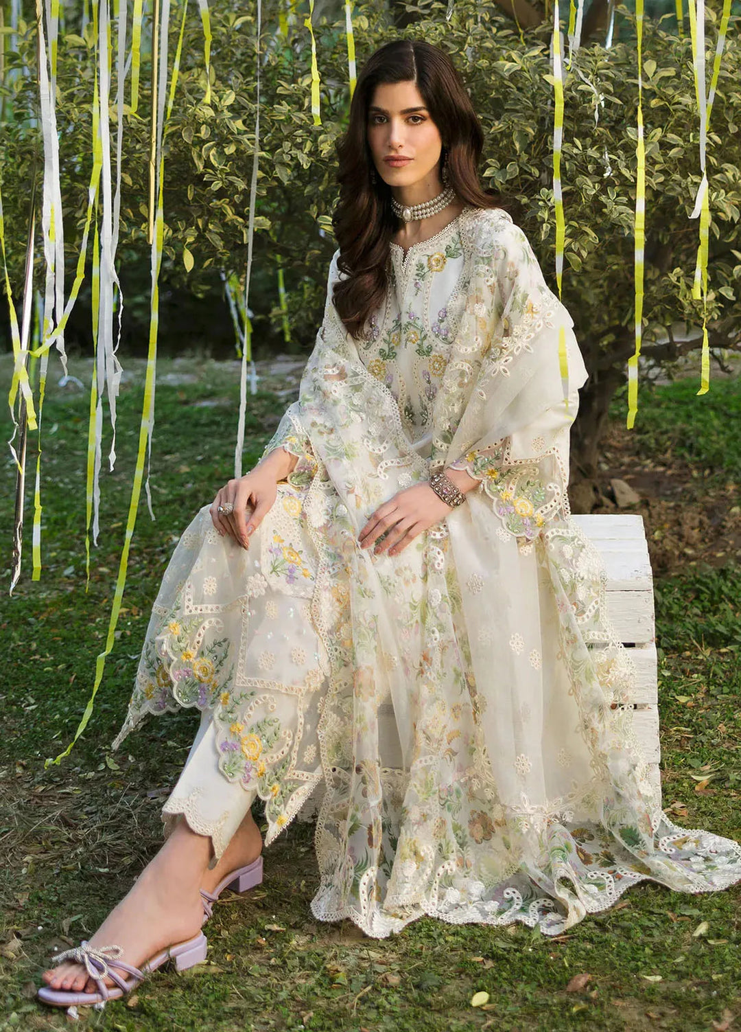 Sardinia Chikankari Lawn Suits Unstitched 3 Piece SRD25FL Ivory Bloom 804 - Luxury Collection