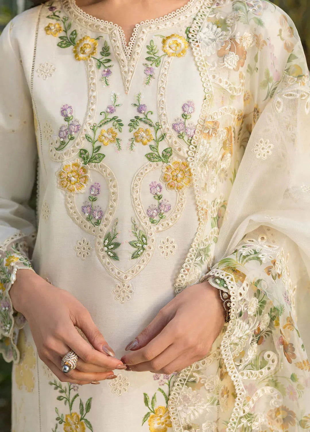 Sardinia Chikankari Lawn Suits Unstitched 3 Piece SRD25FL Ivory Bloom 804 - Luxury Collection