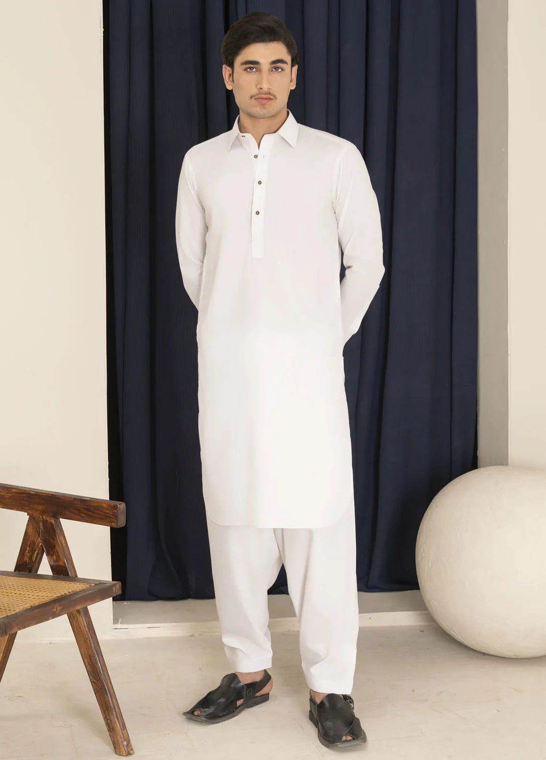 Sarkhail Wash n Wear Blended Mens Kameez Shalwar - Egg White