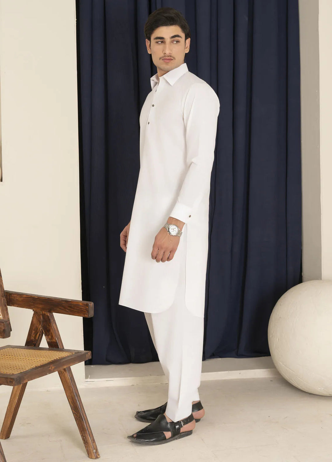 Sarkhail Wash n Wear Blended Mens Kameez Shalwar - Egg White