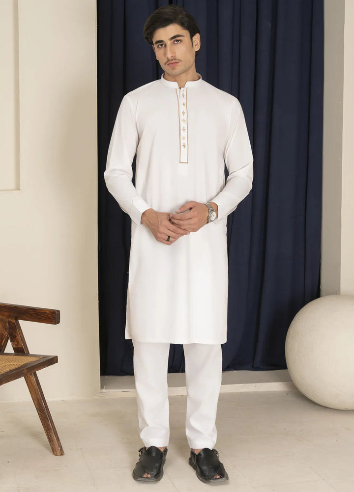 Sarkhail Wash n Wear Blended Mens Kurta Trouser - Embroidered Egg White
