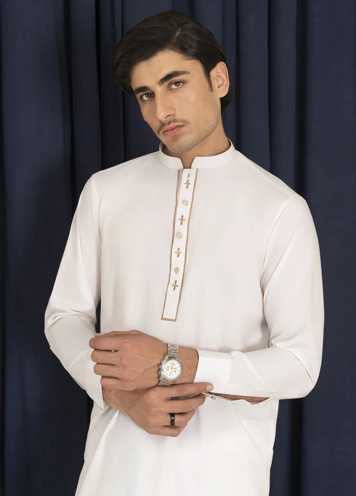 Sarkhail Wash n Wear Blended Mens Kurta Trouser - Embroidered Egg White