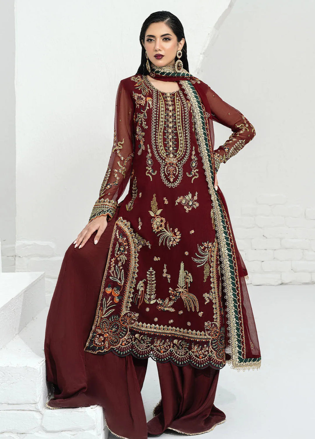 Savoir by Sahane Embroidered Chiffon Suits Unstitched 3 Piece CT-140002 Rouge - Luxury Collection