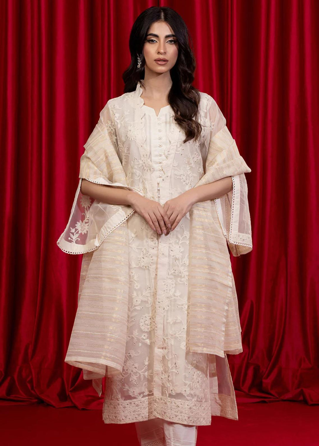 Shamooz Pret Embroidered Organza 3 Piece Suit SEM-0560 Warm White