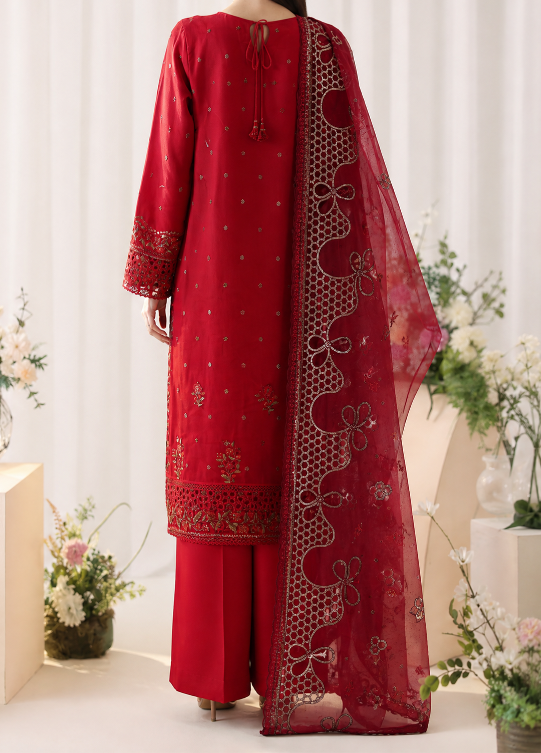 Falsafaa by HZ Textiles RTW Embroidered Organza 3 Piece Suit HZ26ULF HZK-235 Pink - Festive Collection