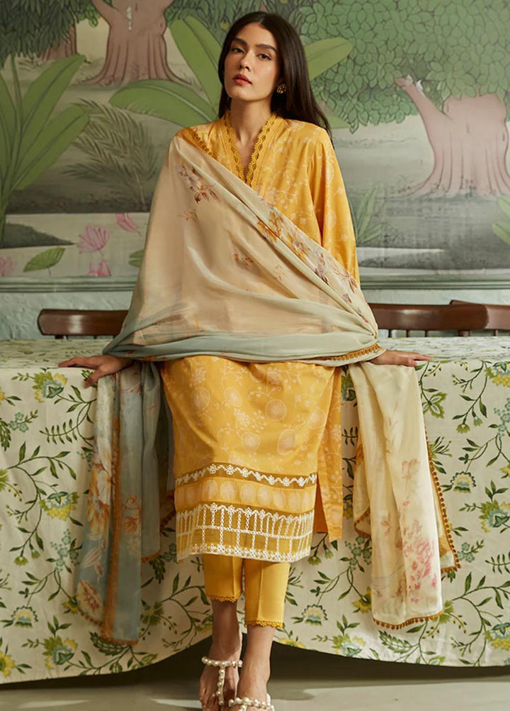 Seher By Cross Stitch Embroidered Cambric Suits Unstitched 3 Piece CS23SH D-08 Tan Gold - Winter Collection