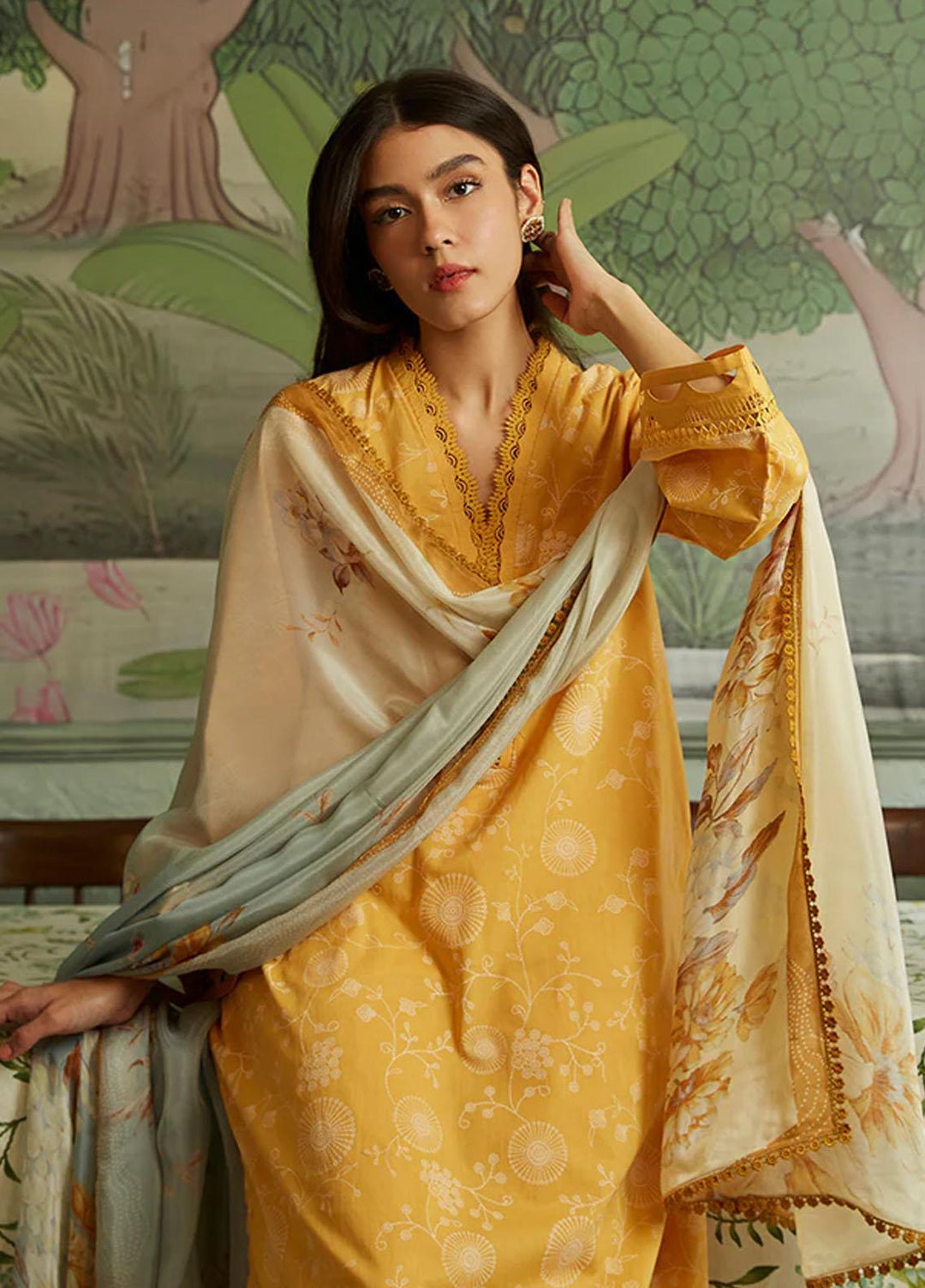 Seher By Cross Stitch Embroidered Cambric Suits Unstitched 3 Piece CS23SH D-08 Tan Gold - Winter Collection