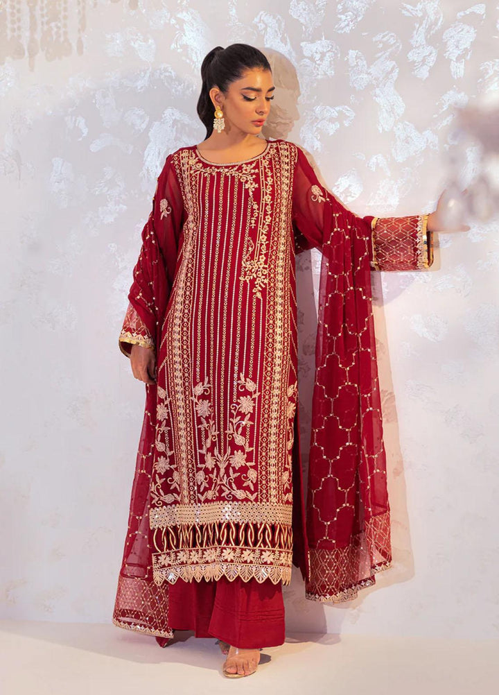 Seher By Shamooz Embroidered Chiffon Suits Unstitched 4 Piece SHM23SE SU-068 Crimson - Formal Collection