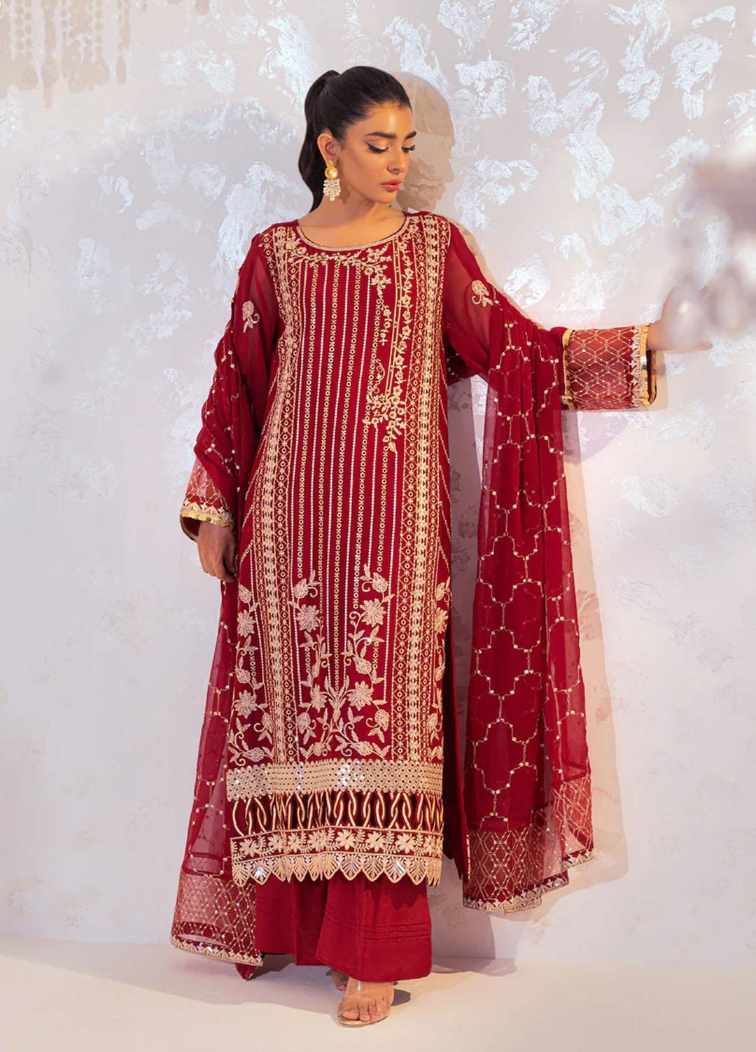 Seher By Shamooz Embroidered Chiffon Suits Unstitched 4 Piece SHM23SE SU-068 Crimson - Formal Collection