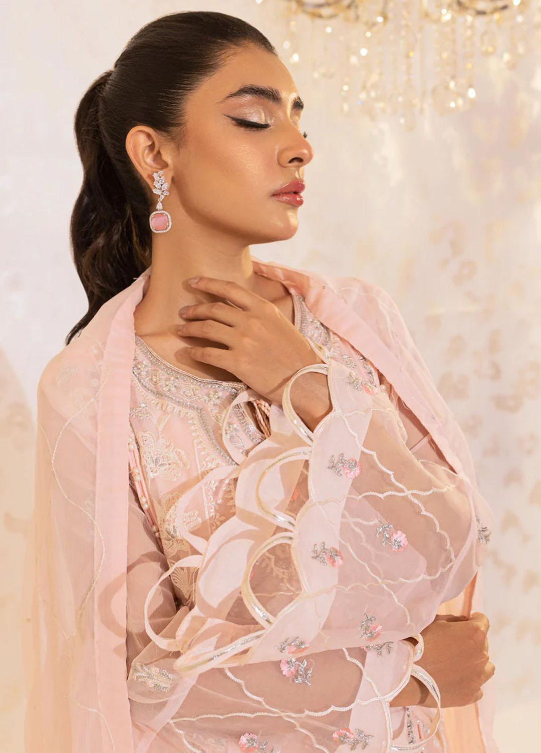 Seher By Shamooz Embroidered Chiffon Suits Unstitched 4 Piece SHM23SE SU-069 Pastel Pink - Formal Collection