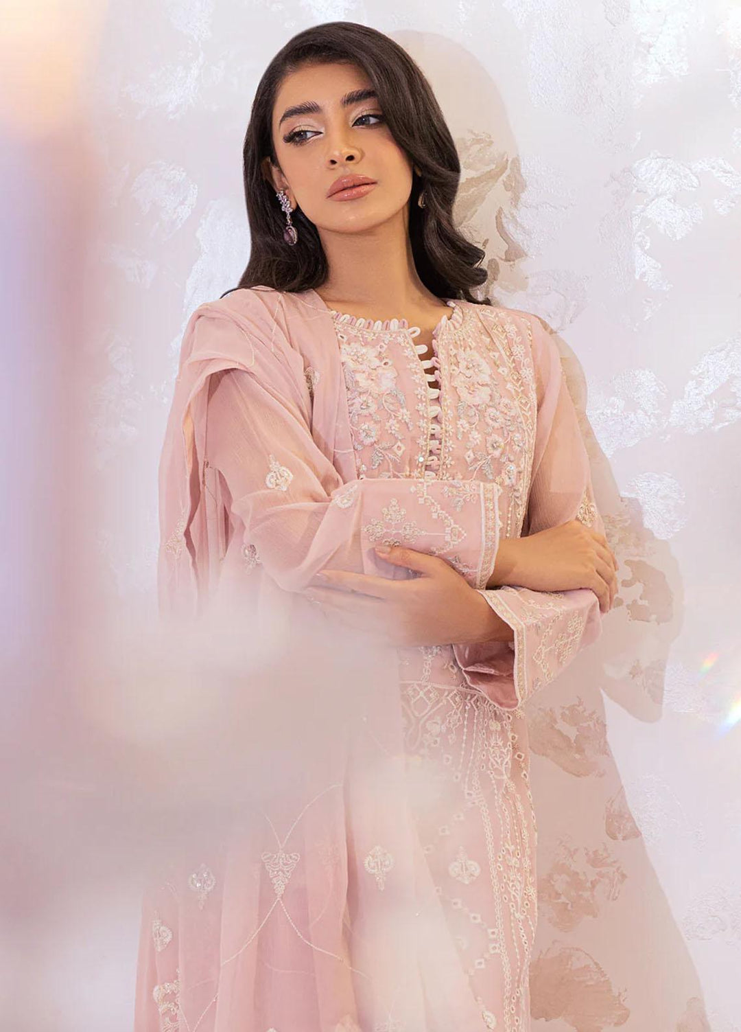 Seher By Shamooz Embroidered Chiffon Suits Unstitched 4 Piece SHM23SE SU-070 Tea Pink - Formal Collection