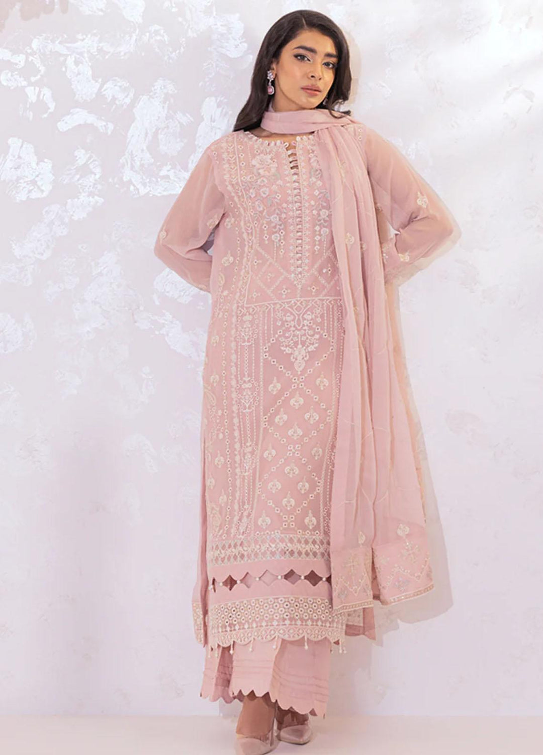 Seher By Shamooz Embroidered Chiffon Suits Unstitched 4 Piece SHM23SE SU-070 Tea Pink - Formal Collection