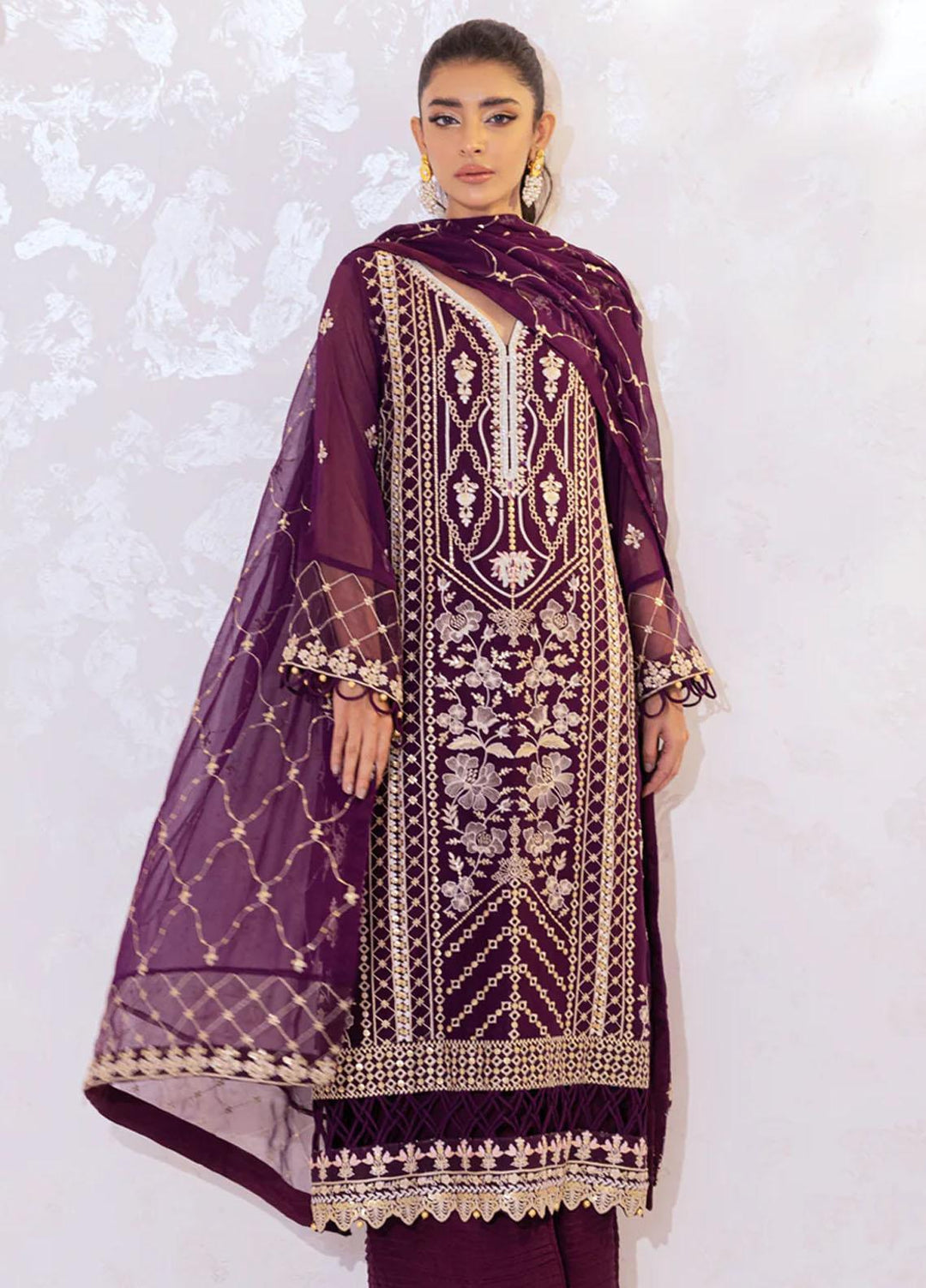 Seher By Shamooz Embroidered Chiffon Suits Unstitched 4 Piece SHM23SE SU-071 Plum - Formal Collection