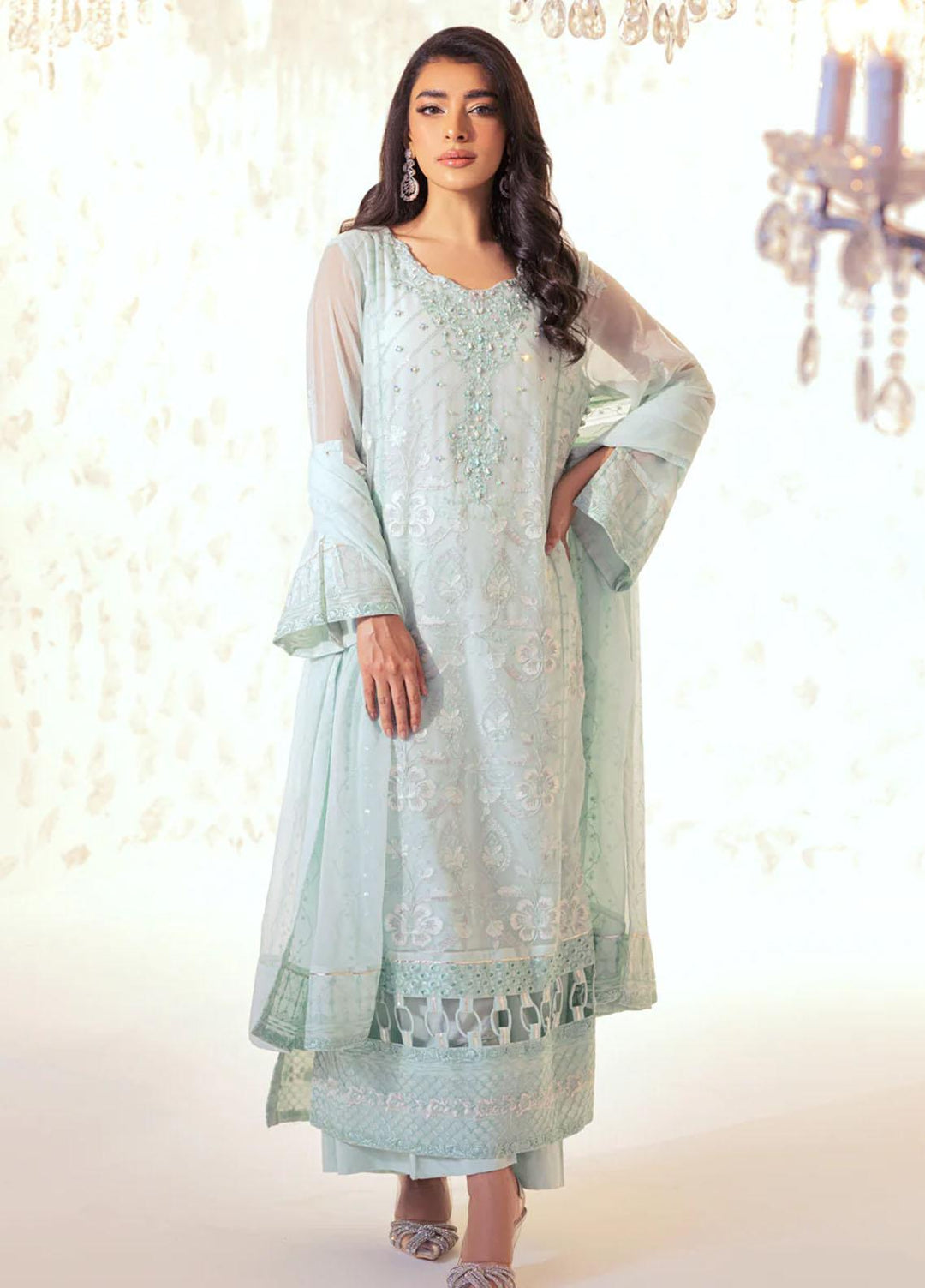 Seher By Shamooz Embroidered Chiffon Suits Unstitched 4 Piece SHM23SE SU-074 Pale Turquoise - Formal Collection