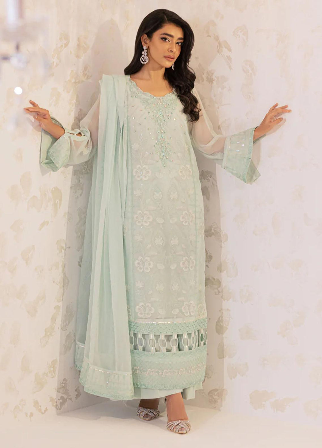 Seher By Shamooz Embroidered Chiffon Suits Unstitched 4 Piece SHM23SE SU-074 Pale Turquoise - Formal Collection