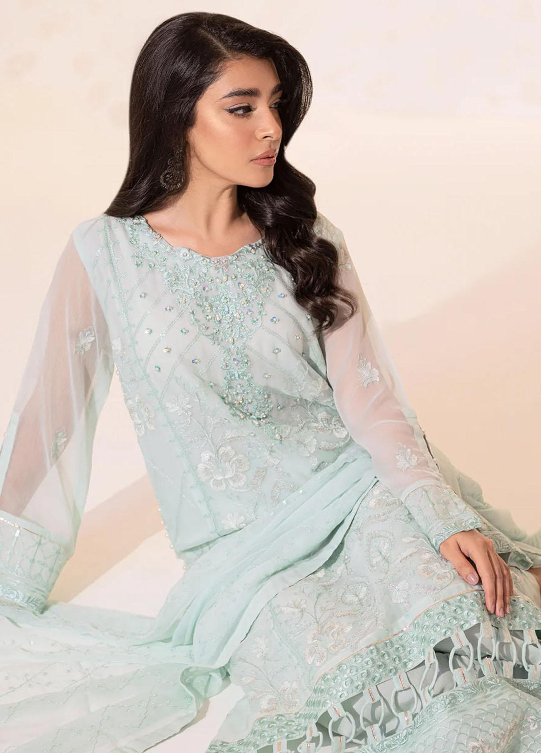 Seher By Shamooz Embroidered Chiffon Suits Unstitched 4 Piece SHM23SE SU-074 Pale Turquoise - Formal Collection