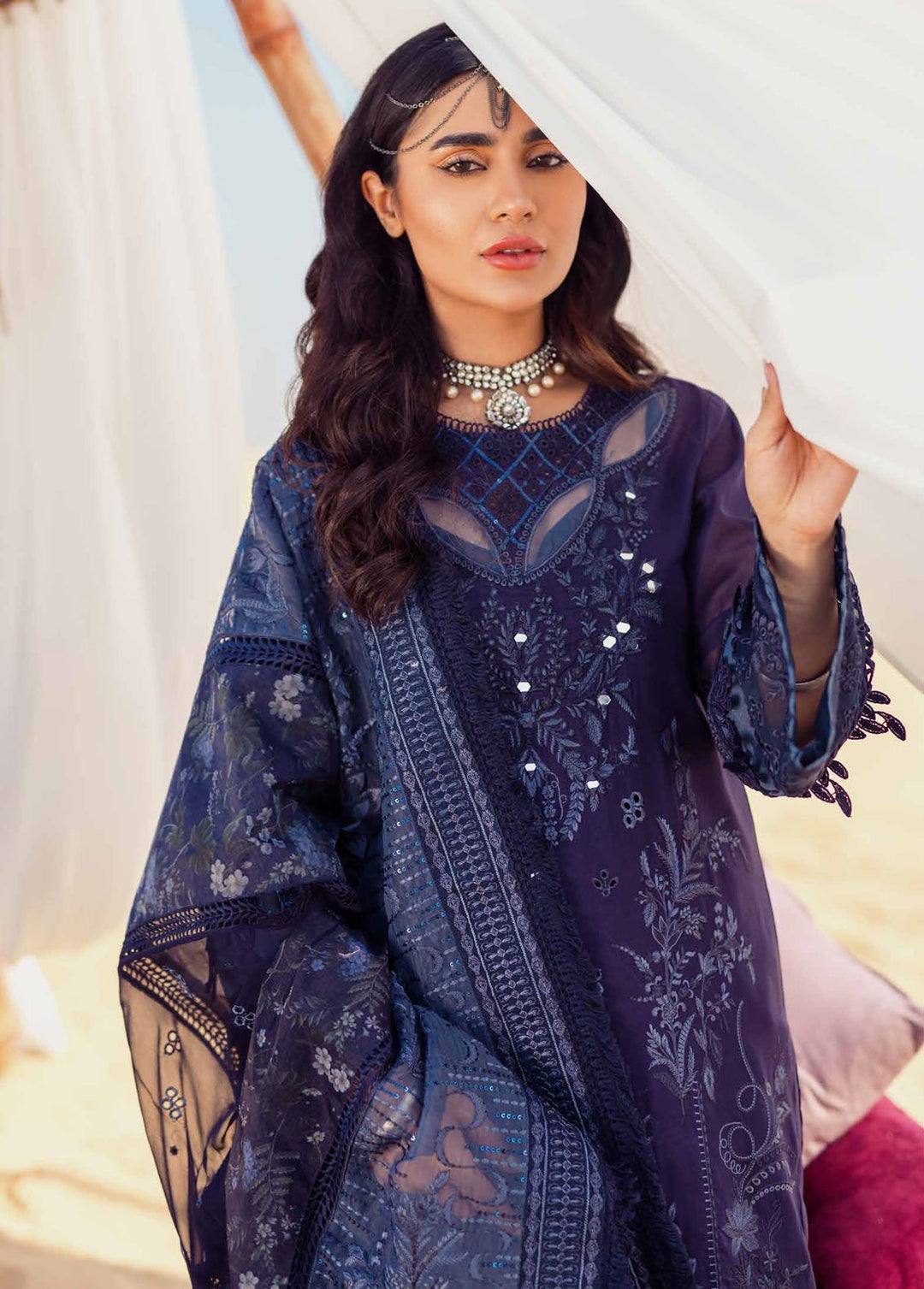 Sehra By Nureh Embroidered Lawn Suits Unstitched 3 Piece NU24SS Nile Blue NE-77 - Summer Collection