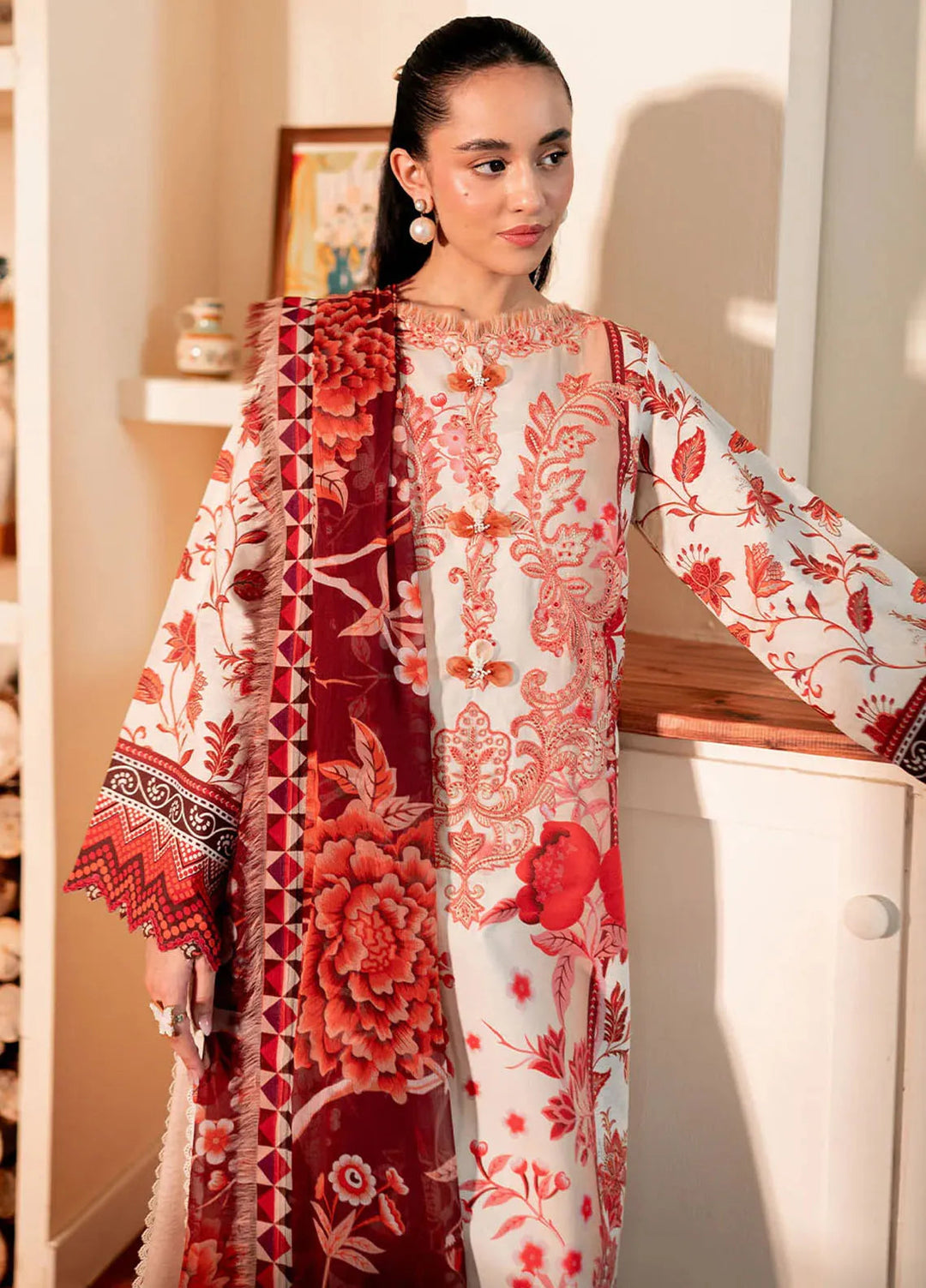Selene By Roheenaz Embroidered Cambric Suit Unstitched 3 Piece RNZ24S RNP-03A Russet - Fall Collection