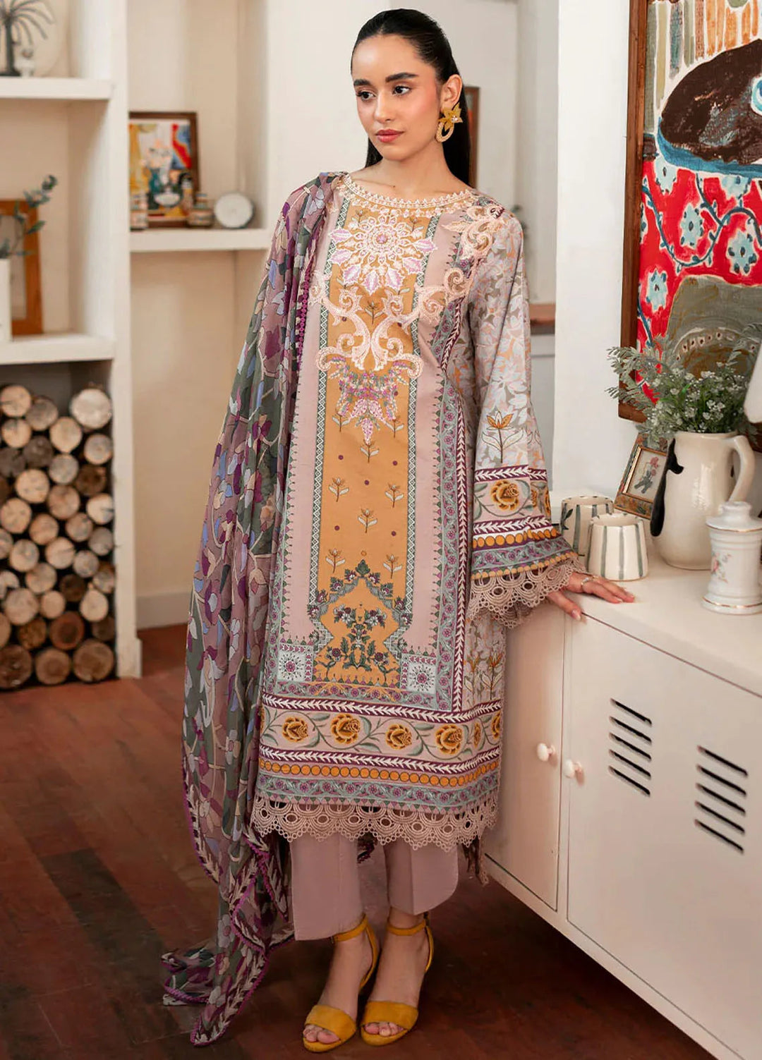 Selene By Roheenaz Embroidered Cambric Suit Unstitched 3 Piece RNZ24S RNP-07A Honey - Fall Collection