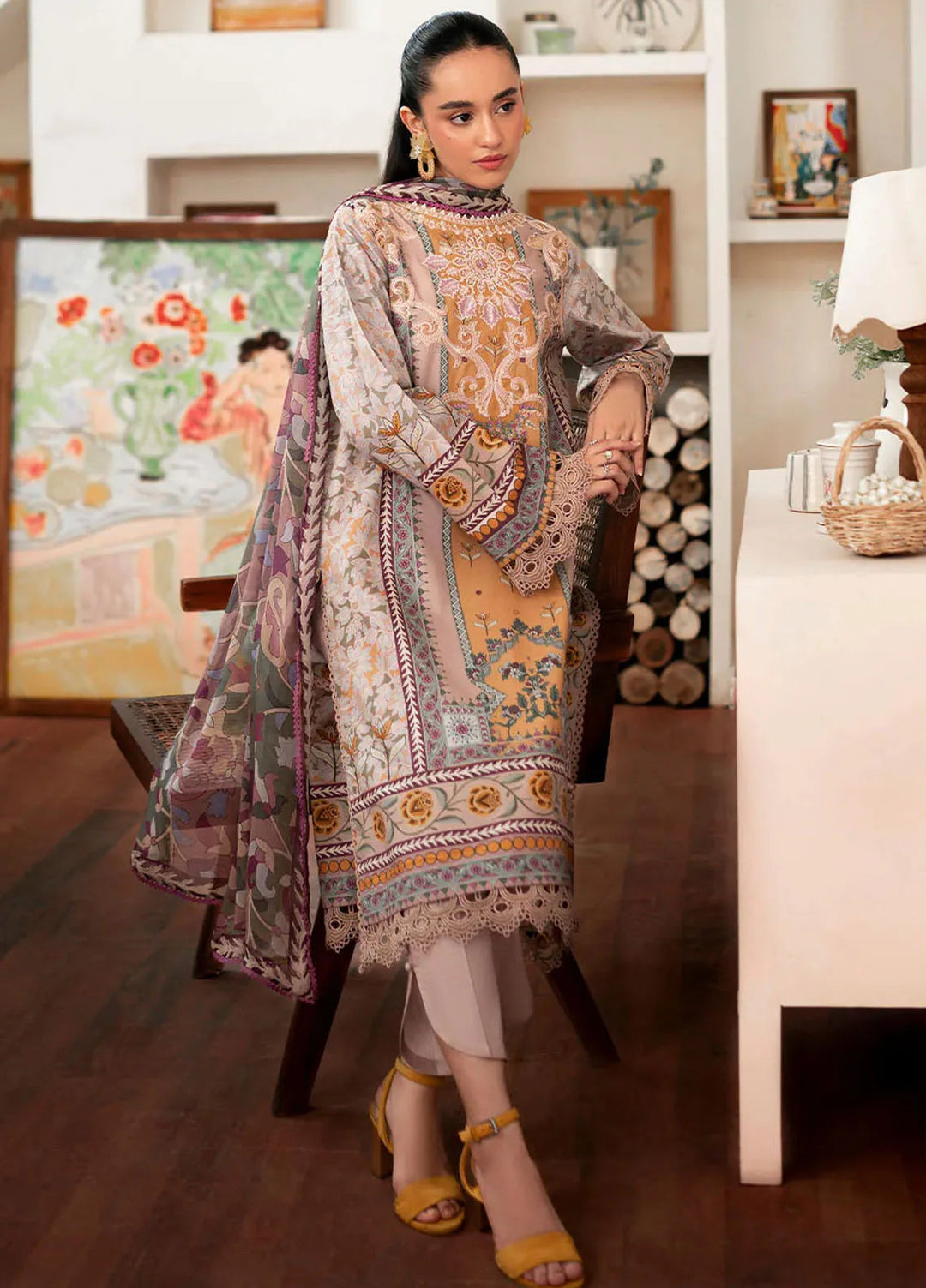 Selene By Roheenaz Embroidered Cambric Suit Unstitched 3 Piece RNZ24S RNP-07A Honey - Fall Collection