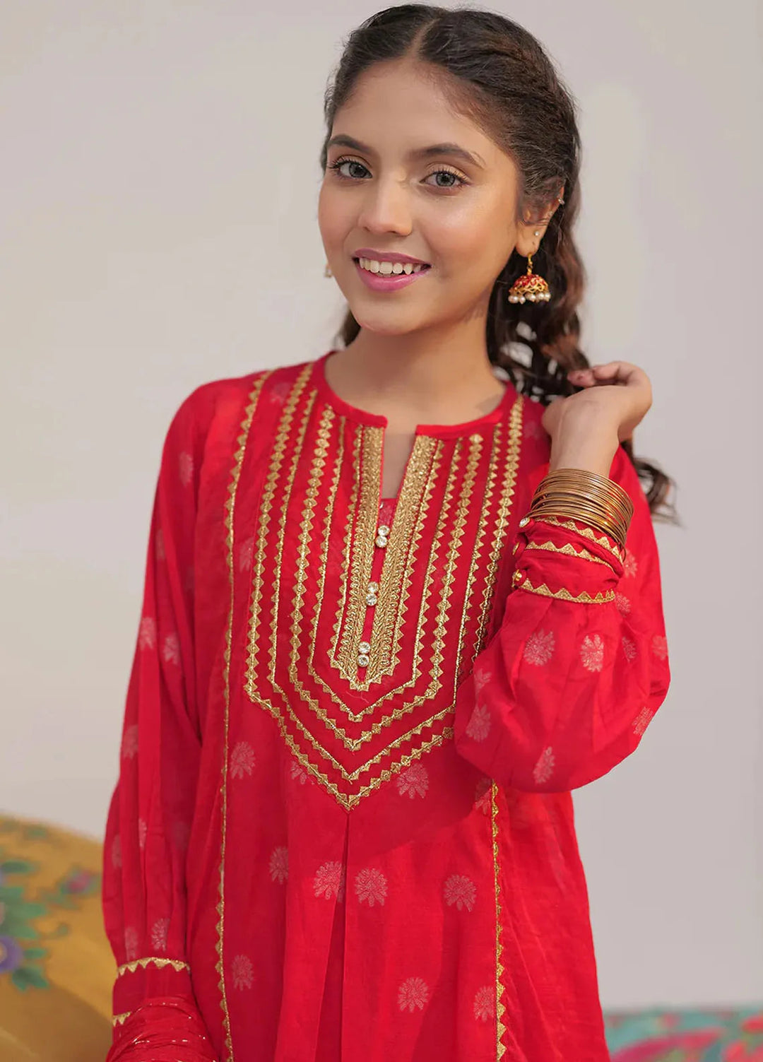 Senorita Banarsi Casual 3 Piece Suit for Girls -  GDD-02429-RED/GLD