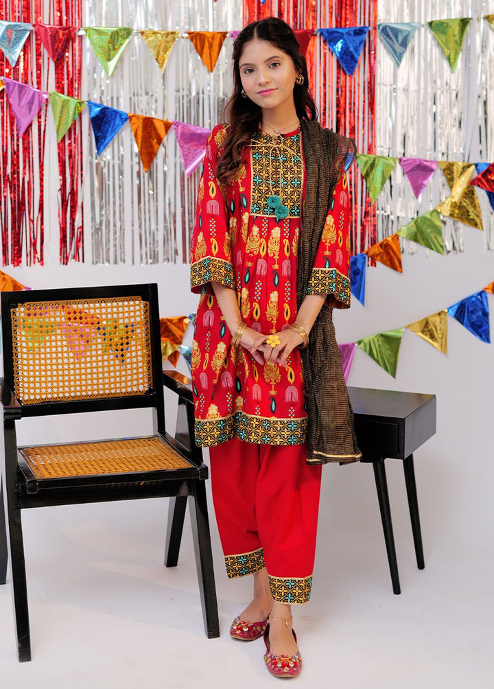 Senorita Cotton Casual 3 Piece Suit for Girls -  GBD-02530-RED/GLD