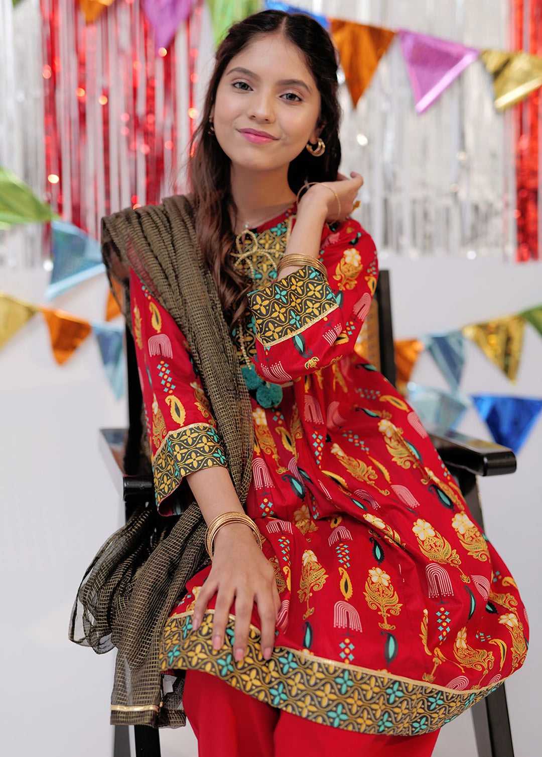 Senorita Cotton Casual 3 Piece Suit for Girls -  GBD-02530-RED/GLD