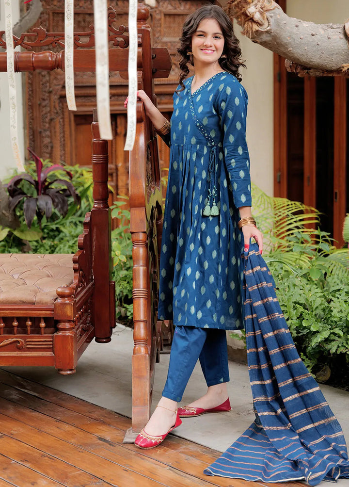 Senorita Cotton Casual 3 Piece Suit for Girls -  GBD-02613-BLU/GLD